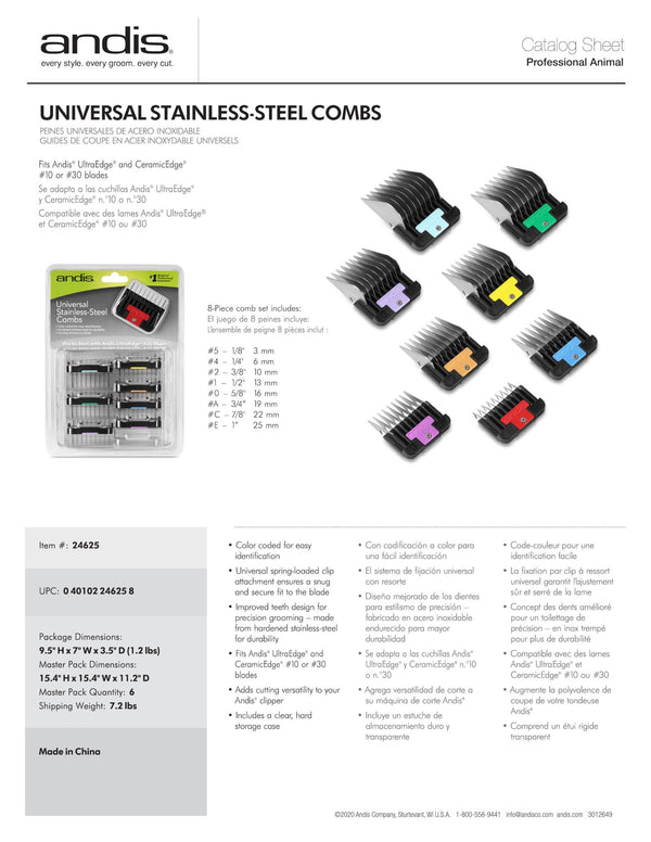 Andis Comb Universal Stainless-Steel - 8 Piece Set - Artemis Grooming Supplies